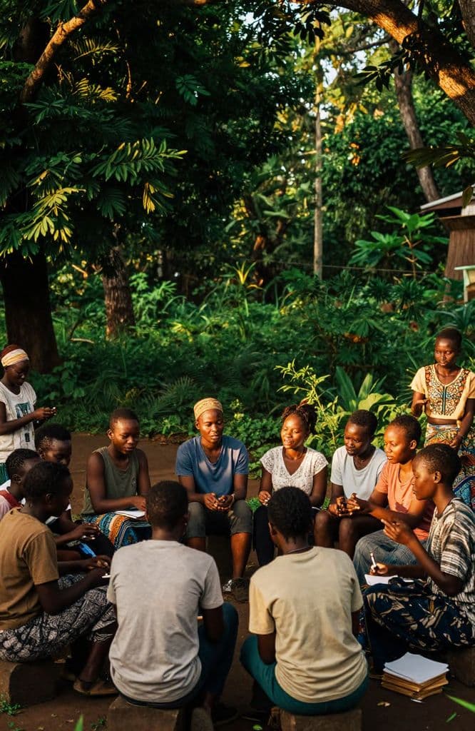 Young people sitting in a circle under the trees with notebooks, in discussion